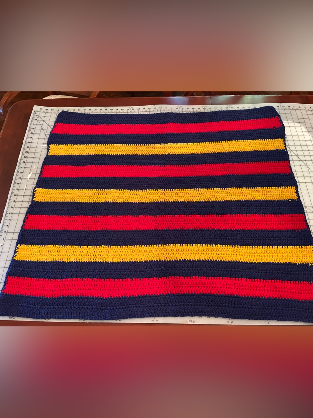 Handmade Striped Crochet Afghan in Navy, Red & Yellow